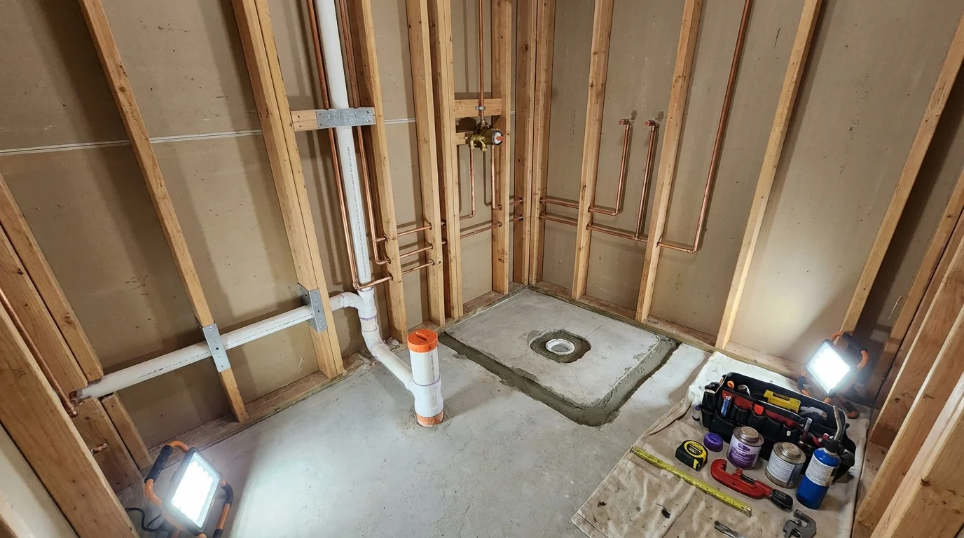 Bathroom rough-in plumbing during remodel by Johns Plumbing LLC in Slippery Rock
