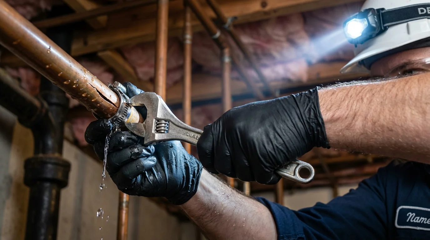 Emergency pipe clamp repair being performed by a Johns Plumbing LLC plumber in Slippery Rock