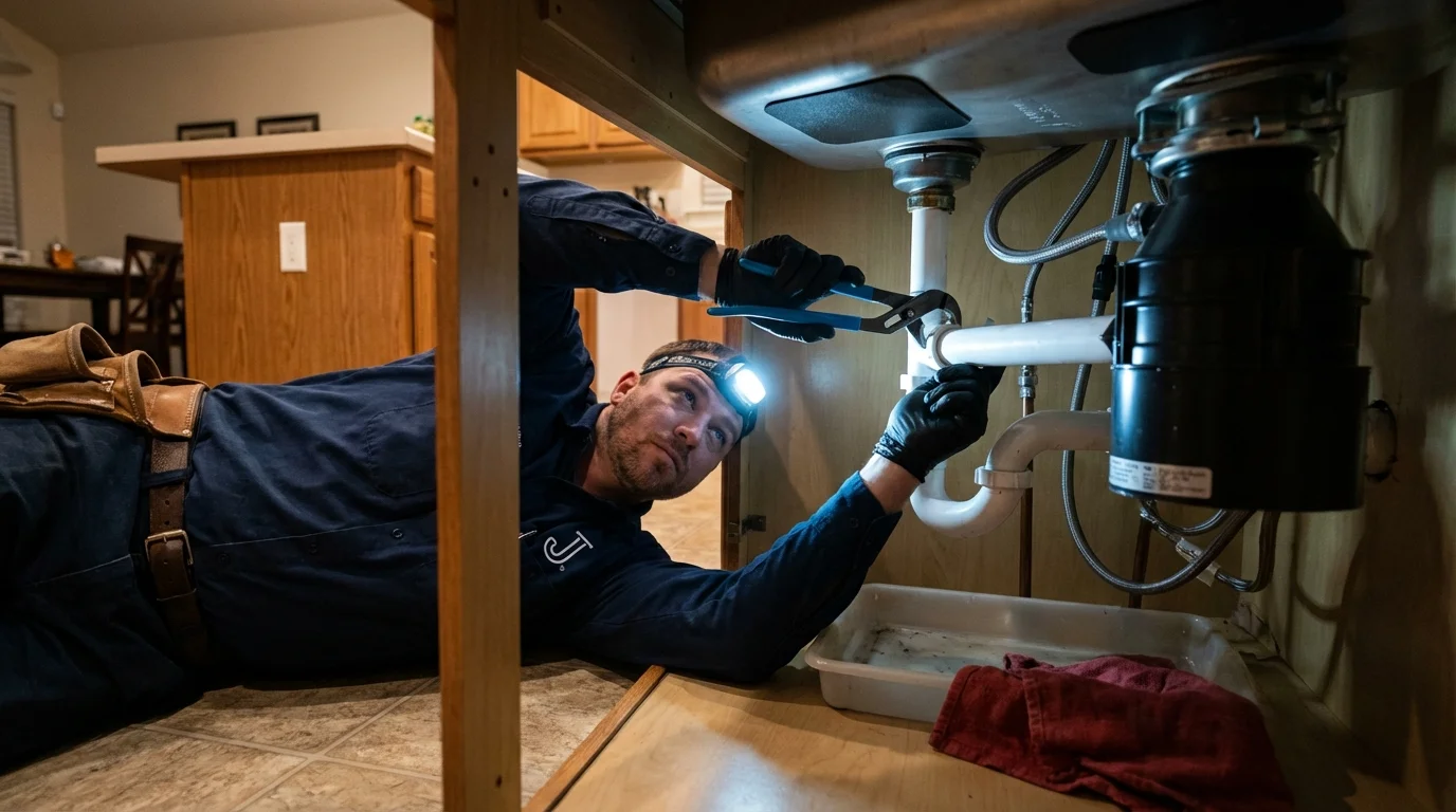 P-trap and supply line connections under a kitchen sink showing a common leak point in Slippery Rock, PA